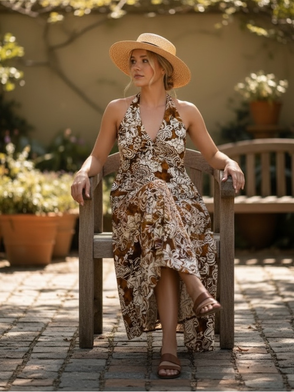 EXPRESS Brown Floral Tropical Halter Maxi Dress Resortwear Vacation - Picture 2 of 8